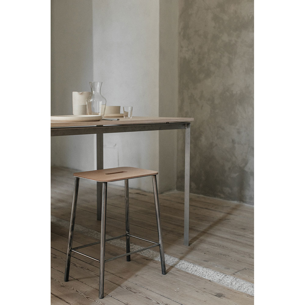 Adam Stool - Natural Leather, Raw Steel