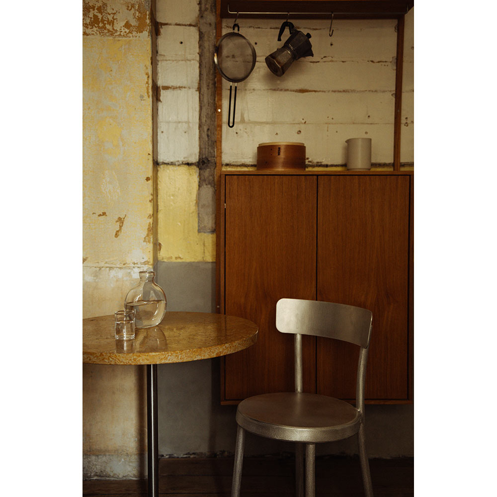 Table 57 - 27.56"W, Yellow Limestone, Stainless Steel